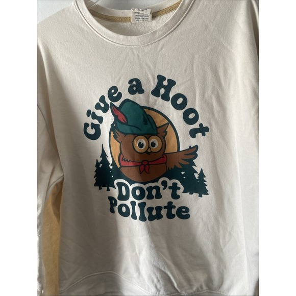 Landmark Project Unisex Sweatshirt Give a Hoot Don't Pollute Cream Sz Medium - Picture 2 of 5